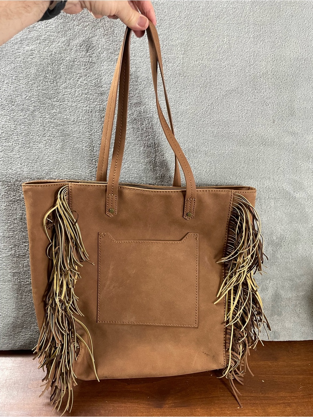 Universal Thread Large Faux Leather Tote Shoulder Bag Brown Zipper Tan Tassels